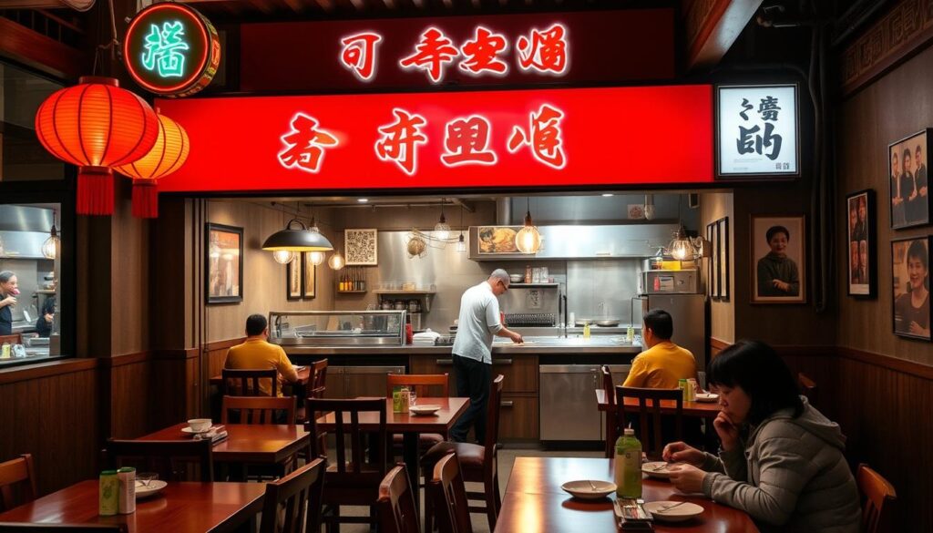 A family-owned Korean-Chinese restaurant with a warm, cozy ambiance. The front facade features a simple, traditional design with red lanterns and a neon sign. Inside, the dining area is filled with wooden tables and chairs, complemented by rich, earthy tones. In the open kitchen, the chef skillfully prepares authentic dishes, the aroma of sizzling meats and fragrant sauces filling the air. Dim lighting casts a soft, inviting glow, while the walls are adorned with framed family photos and cultural artwork. Customers, both young and old, enjoy hearty meals together, creating a sense of community and tradition.