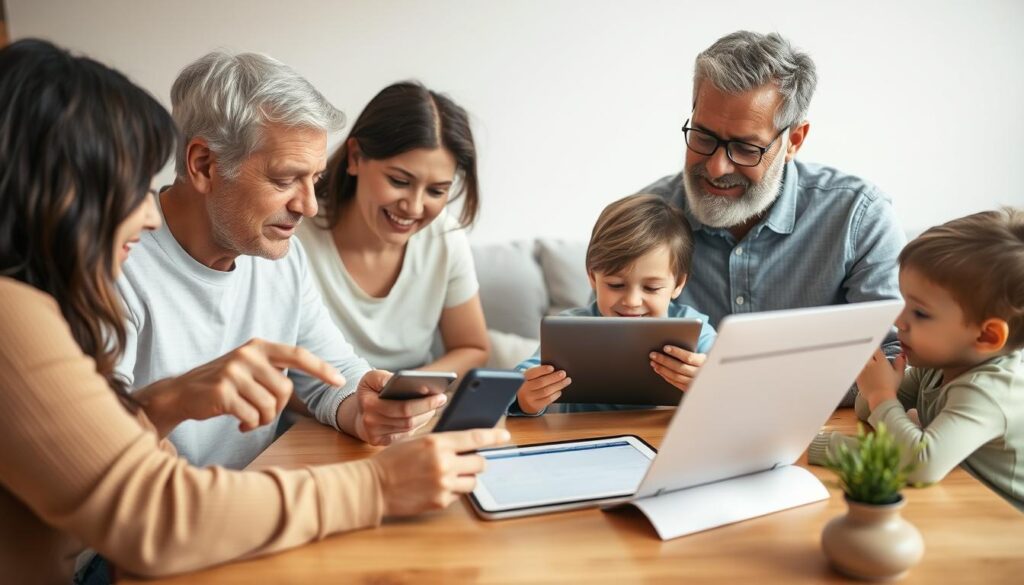 A family sitting around a table, examining various mobile plan options on their devices. The scene is well-lit, with a warm, cozy atmosphere. In the foreground, a couple is engaged in an animated discussion, pointing at their phones. In the middle ground, a child is playfully interacting with a tablet, while an older relative looks on approvingly. The background features a modern, minimalist living room setting, with clean lines and neutral tones. The overall composition conveys a sense of collaboration, decision-making, and family togetherness. A family sitting around a table, examining various mobile plan options on their devices. The scene is well-lit, with a warm, cozy atmosphere. In the foreground, a couple is engaged in an animated discussion, pointing at their phones. In the middle ground, a child is playfully interacting with a tablet, while an older relative looks on approvingly. The background features a modern, minimalist living room setting, with clean lines and neutral tones. The overall composition conveys a sense of collaboration, decision-making, and family togetherness.