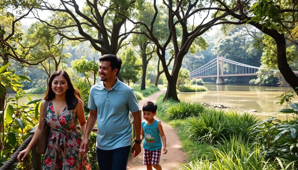 A family strolling along a lush, verdant trail in Singapore's natural landscapes. In the foreground, a mother and father hold the hands of their young children, their faces filled with wonder as they explore the diverse flora and fauna around them. The middle ground features a winding path through a canopy of towering trees, dappled sunlight casting a warm, tranquil glow. In the background, a serene pond reflects the surrounding greenery, with the distant outline of a suspension bridge adding a touch of architectural elegance. The overall scene evokes a sense of peaceful adventure, inviting viewers to immerse themselves in the beauty of Singapore's family-friendly natural wonders.