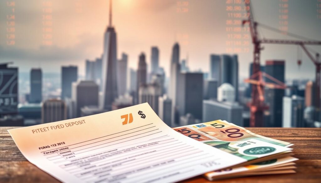 A foreign currency fixed deposit showcased against a backdrop of global financial centers. In the foreground, a bank deposit slip and a stack of various foreign currency bills, illuminated by warm, directional lighting. In the middle ground, a city skyline with towering skyscrapers and cranes, conveying a sense of international trade and economic activity. The background is hazy, with hints of stock tickers and financial data charts, creating an atmosphere of financial sophistication and opportunity. The overall mood is one of contemplation, with the viewer invited to consider the risks and rewards of foreign currency fixed deposits.