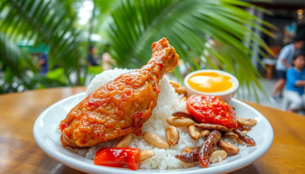 A fragrant plate of nasi lemak, the beloved Malaysian rice dish, takes center stage. In the foreground, a fluffy mound of coconut-infused rice is accompanied by a golden-brown fried chicken wing, glistening with a savory glaze. Beside it, a sprinkling of crispy anchovies, roasted peanuts, and a vibrant, fiery-red sambal chili paste, ready to ignite the senses. The middle ground reveals a soft-boiled egg, its golden yolk oozing temptingly. In the background, a lush tropical setting, with verdant palm fronds and a hint of the bustling Singaporean street life, sets the perfect scene for this quintessential comfort food. Warm, aromatic, and utterly irresistible, this nasi lemak dish captures the essence of Singapore's rich culinary heritage.