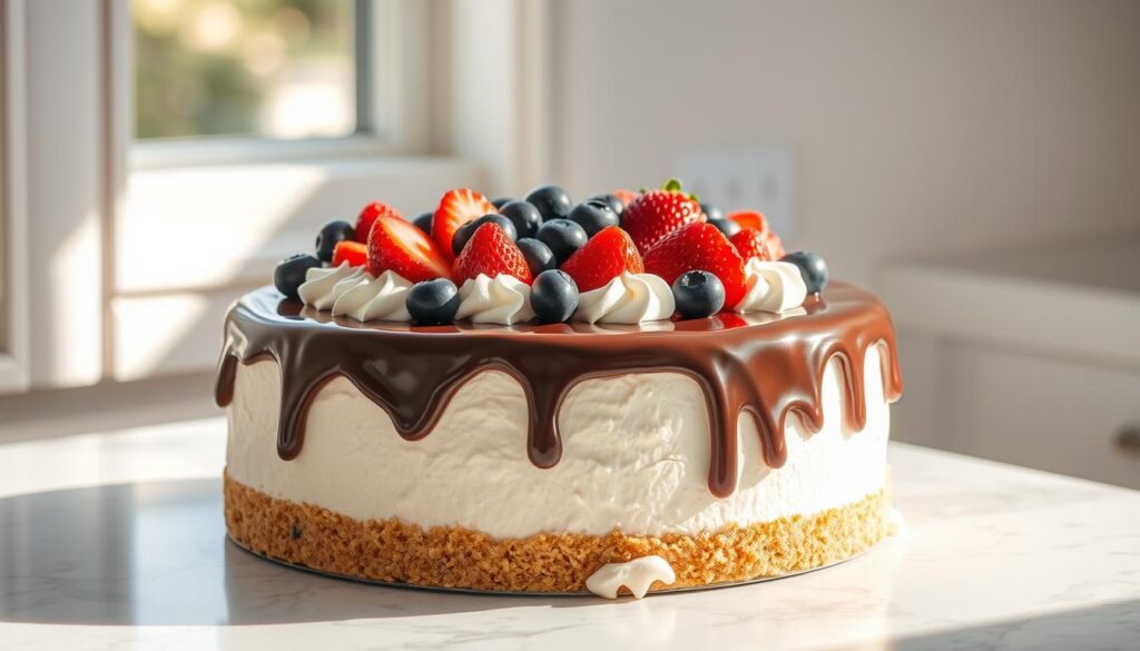 A freshly baked ice cream cake sits on a marble countertop, adorned with a smooth, glistening layer of chocolate ganache. Vibrant strawberries and plump blueberries are artfully arranged on top, creating a visually stunning contrast. Soft, billowy whipped cream cascades down the sides, adding a touch of elegance. The cake is illuminated by natural light streaming in through a nearby window, casting a warm, inviting glow. The scene is captured with a high-resolution, wide-angle lens, showcasing the cake's mouthwatering details and the pristine, minimalist setting. This daily production ice cream cake exudes a sense of artisanal craftsmanship and unwavering freshness.