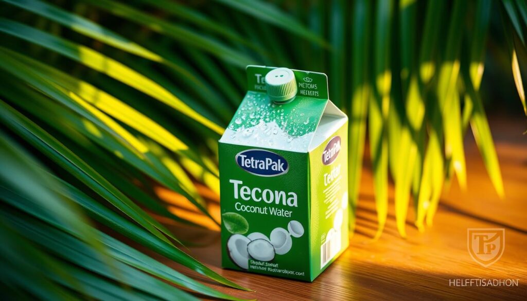A freshly opened Tetra Pak carton of coconut water, condensation beading on the vibrant green packaging. The carton sits on a wooden surface, surrounded by lush tropical foliage - broad green leaves and the curved fronds of a coconut palm. Soft, warm lighting creates a natural, inviting atmosphere, highlighting the crisp, clean lines of the packaging and the verdant greenery. The scene conveys a sense of purity, refreshment, and the natural goodness of just-picked coconut water.