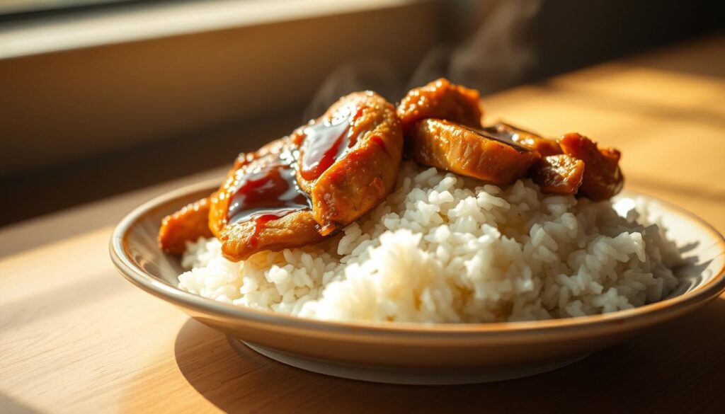 A freshly prepared plate of steaming white rice, topped with moist and succulent chicken, glistening with a light soy sauce glaze. The chicken, expertly deboned and sliced, rests atop the fluffy rice, inviting the viewer to imagine the tender texture and savory flavors. The foreground is bathed in warm, natural lighting, casting a subtle glow and highlighting the dish's appetizing appearance. In the middle ground, a simple yet elegant ceramic plate provides a minimalist backdrop, allowing the chicken rice to take center stage. The background is softly blurred, maintaining the focus on the delectable main subject. This composition evokes the comforting and satisfying experience of enjoying a classic Singaporean dish, Sam Leong St Chicken Rice.