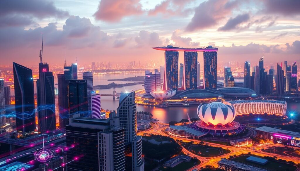 A futuristic cityscape with Singapore's iconic skyscrapers and landmarks, illuminated by a vibrant digital landscape. In the foreground, holographic interfaces and floating data visualizations showcase the seamless integration of technology into the urban fabric. The midground features a towering telecommunications hub, its sleek design and pulsing lights symbolizing the power of digital infrastructure. The background reveals a panoramic view of the Marina Bay skyline, bathed in a warm, neon-tinged glow that evokes the city's technological dynamism. Crisp, cinematic lighting accentuates the scene, creating a sense of depth and a vision of Singapore's digital transformation.