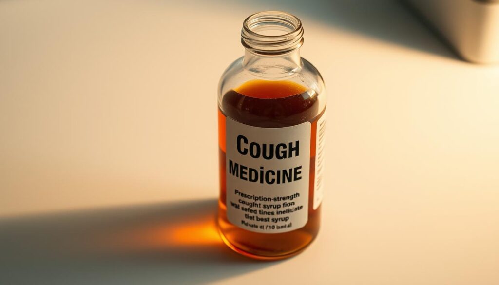 A glass bottle filled with a clear, amber-colored liquid sits on a white surface, the label displaying the words "Cough Medicine" in bold letters. The bottle is illuminated by a soft, warm light, casting subtle shadows on the background. The scene has a clinical, yet slightly nostalgic atmosphere, conveying the reliable, time-tested nature of prescription-strength cough syrups. The image is captured from an angle that highlights the bottle's shape and the liquid's viscosity, providing a clear and detailed representation of the product. A glass bottle filled with a clear, amber-colored liquid sits on a white surface, the label displaying the words "Cough Medicine" in bold letters. The bottle is illuminated by a soft, warm light, casting subtle shadows on the background. The scene has a clinical, yet slightly nostalgic atmosphere, conveying the reliable, time-tested nature of prescription-strength cough syrups. The image is captured from an angle that highlights the bottle's shape and the liquid's viscosity, providing a clear and detailed representation of the product.