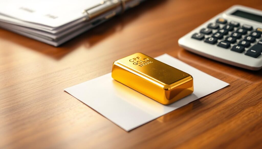 A gleaming gold bar rests on a polished wooden table, its lustrous surface catching the warm glow of a soft, diffused light. In the background, a stack of official-looking documents and a calculator symbolize the financial planning involved in using CPF funds for a gold investment in Singapore. The composition is well-balanced, with a clean, minimalist aesthetic that conveys a sense of professionalism and stability. The overall mood is one of security, reliability, and the prudent management of one's financial future.