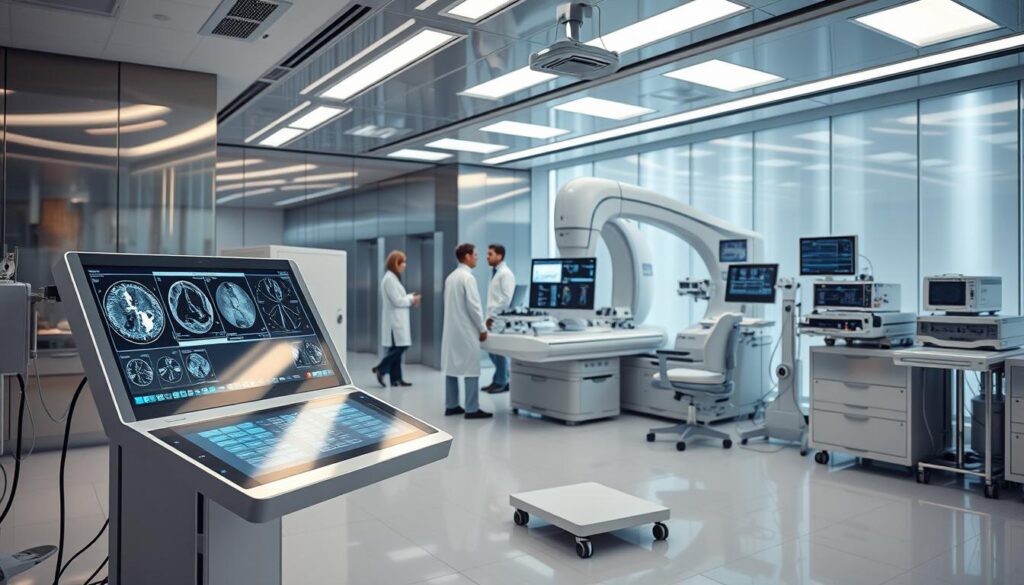 A gleaming, high-tech medical diagnostics laboratory, with state-of-the-art equipment arranged in a sleek, minimalist setting. In the foreground, a sophisticated digital imaging console, its display panels showcasing intricate scans and analyses. Surrounding it, an array of specialized tools and devices, their metallic casings polished to a mirror shine. In the middle ground, a team of skilled technicians, clad in crisp, white lab coats, carefully monitoring the equipment and interpreting the data. The background is a panorama of gleaming steel and glass, creating an atmosphere of cutting-edge innovation and precision. Soft, diffused lighting casts a warm, professional glow over the entire scene, conveying a sense of advanced capabilities and expert care. A gleaming, high-tech medical diagnostics laboratory, with state-of-the-art equipment arranged in a sleek, minimalist setting. In the foreground, a sophisticated digital imaging console, its display panels showcasing intricate scans and analyses. Surrounding it, an array of specialized tools and devices, their metallic casings polished to a mirror shine. In the middle ground, a team of skilled technicians, clad in crisp, white lab coats, carefully monitoring the equipment and interpreting the data. The background is a panorama of gleaming steel and glass, creating an atmosphere of cutting-edge innovation and precision. Soft, diffused lighting casts a warm, professional glow over the entire scene, conveying a sense of advanced capabilities and expert care.