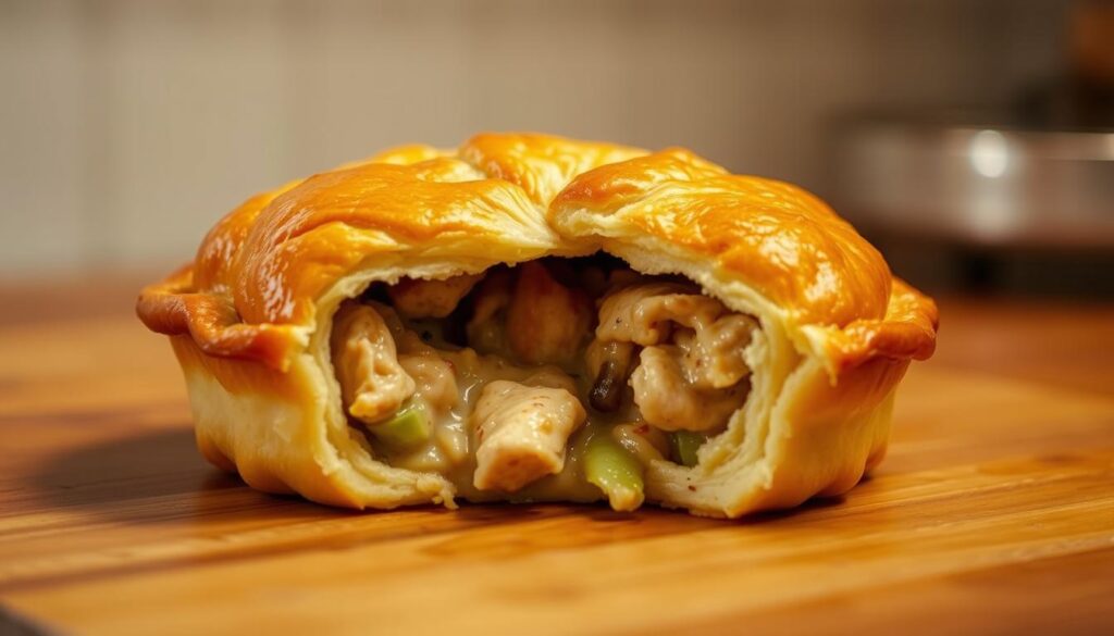 A golden-crusted chicken pie, fresh from the oven, sits on a wooden table. The crust is flaky and crisp, with a rich, buttery sheen. The filling is visible through a small gap, revealing tender chunks of chicken, aromatic vegetables, and a creamy sauce. Warm, indirect lighting casts a soft, cozy glow, highlighting the pie's inviting appearance. The scene is captured at a slight angle, creating a sense of depth and drawing the viewer's attention to the centerpiece. The overall mood is one of comforting, homemade indulgence, showcasing the "Oven Marvel" chicken pie in all its rebranded excellence.