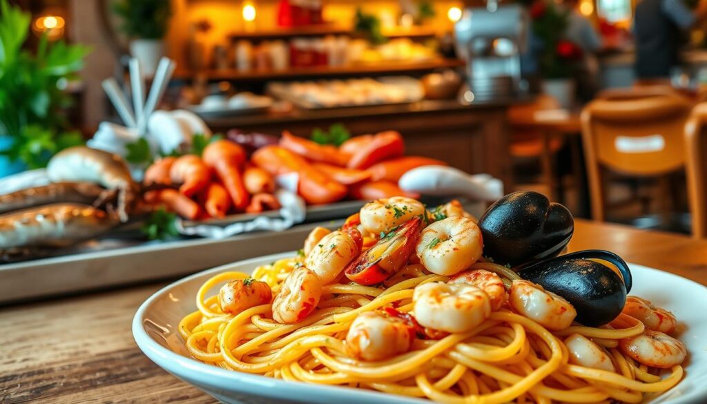 A gourmet seafood feast set against a warm, atmospheric backdrop. In the foreground, a generous serving of spaghetti aglio olio, tossed with juicy prawns, tender scallops, and briny mussels. The pasta glistens with olive oil, garlic, and a hint of chili, creating a mouthwatering display. In the middle ground, a well-stocked seafood counter, with a variety of fresh catch - from plump lobster tails to delicate sole fillets. The background features a cozy Italian trattoria, with rustic wooden tables, soft lighting, and a lively, convivial ambiance. The overall scene evokes the flavors and aromas of a quintessential Italian coastal cuisine, inviting the viewer to savor the captivating seafood aglio olio variations. A gourmet seafood feast set against a warm, atmospheric backdrop. In the foreground, a generous serving of spaghetti aglio olio, tossed with juicy prawns, tender scallops, and briny mussels. The pasta glistens with olive oil, garlic, and a hint of chili, creating a mouthwatering display. In the middle ground, a well-stocked seafood counter, with a variety of fresh catch - from plump lobster tails to delicate sole fillets. The background features a cozy Italian trattoria, with rustic wooden tables, soft lighting, and a lively, convivial ambiance. The overall scene evokes the flavors and aromas of a quintessential Italian coastal cuisine, inviting the viewer to savor the captivating seafood aglio olio variations.