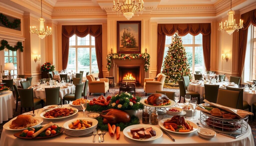 A grand dining hall adorned with festive decor, bathed in warm, golden lighting. In the foreground, a lavish Christmas buffet spread featuring an array of delectable dishes - roasted turkey, glazed ham, seasonal vegetables, and an assortment of desserts. Elegant table settings with crisp white linens, polished silverware, and glimmering glasses. The middle ground showcases a stately fireplace with a crackling fire, surrounded by plush armchairs and a Christmas tree sparkling with ornaments. Through large windows, a glimpse of the manicured gardens of Goodwood Park Hotel, creating a cozy and inviting atmosphere for a classic Christmas feast.