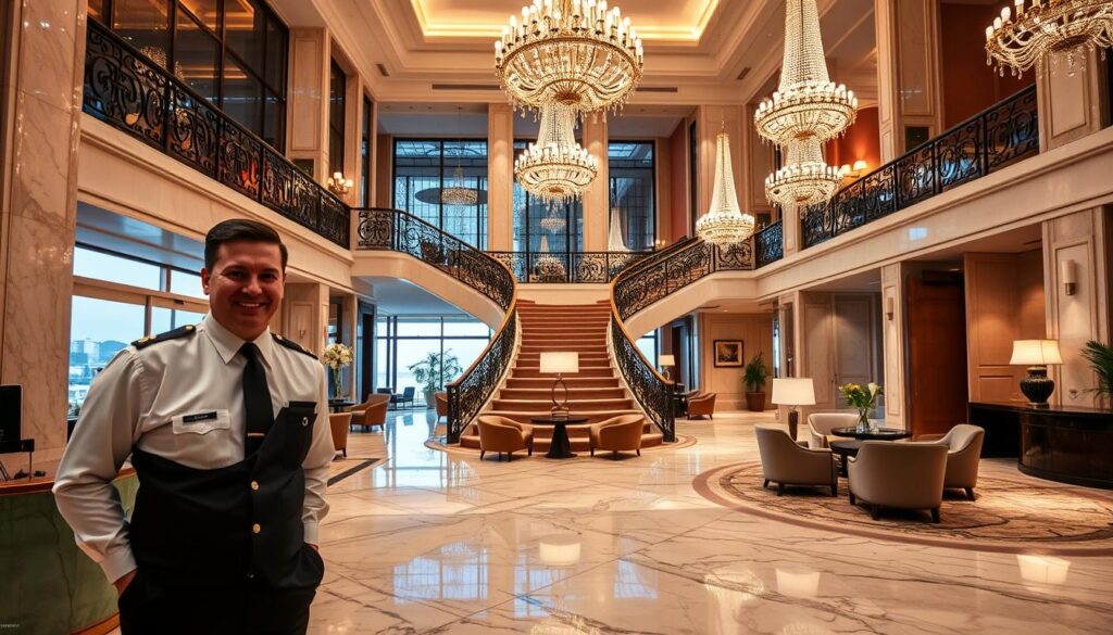 A grand hotel lobby with marble floors, soaring ceilings, and glittering chandeliers. In the foreground, a concierge in a crisp uniform greets guests with a warm smile, ready to assist with any request. Behind them, plush armchairs and sofas invite guests to relax in comfort. The middle ground features a grand staircase leading to the upper floors, its intricate wrought-iron railings reflecting the warm, soft lighting. In the background, floor-to-ceiling windows offer a glimpse of the vibrant city outside, hinting at the luxurious experiences that await within this exceptional establishment.