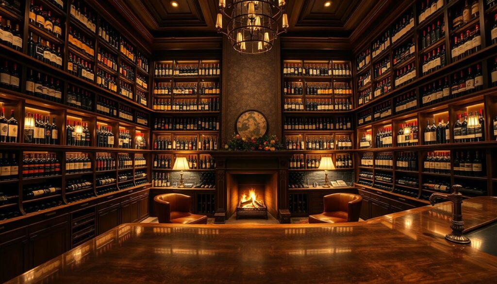 A grandiose, elegantly lit wine cellar showcasing a carefully curated collection of vintage bottles. Softly illuminated from above, the shelves display rows of aged, prestigious labels in an array of earthy tones, each bottle a testament to time-honored winemaking traditions. In the foreground, a polished, wood-paneled bar invites visitors to peruse the offerings, while plush leather chairs and a crackling fireplace create an atmosphere of refined sophistication. The scene is captured through a wide-angle lens, emphasizing the depth and grandeur of this exceptional wine sanctuary.