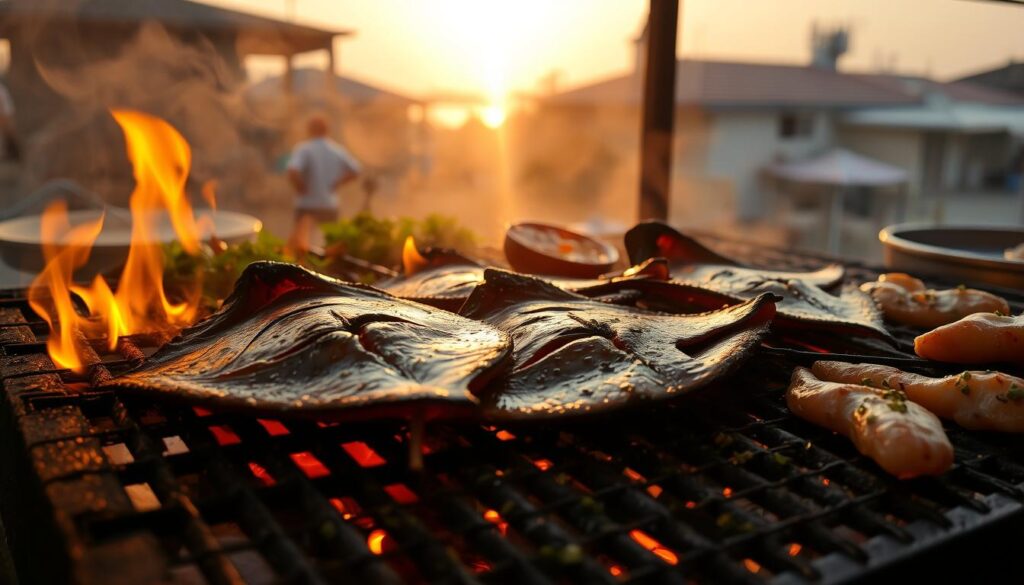 A grill sizzles in the foreground, charring succulent pieces of stingray and other seafood. The smoky aroma fills the air, as flames lick the edges of the fish, imparting a deep, caramelized crust. In the middle ground, a smattering of aromatic herbs and spices add depth and complexity to the scene. The background is hazy, with a warm, golden glow illuminating the setting sun over a coastal neighborhood in Bedok. The overall atmosphere is one of relaxed, neighborhood dining, where the focus is on the simple pleasures of well-grilled, flavorful seafood.