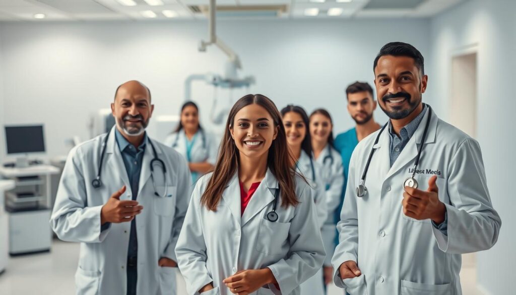 A group of expert urology specialists, dressed in crisp white coats, standing confidently in a modern, well-lit medical clinic. The foreground features three physicians, one male and two females, with warm, reassuring expressions, gesturing towards the viewer. In the middle ground, additional medical staff, including a nurse and a laboratory technician, are visible, creating a sense of a well-coordinated, multidisciplinary team. The background showcases state-of-the-art medical equipment and a serene, calming color palette of blues and grays, conveying a sense of professionalism and expertise. The lighting is soft and diffused, creating a welcoming and approachable atmosphere.