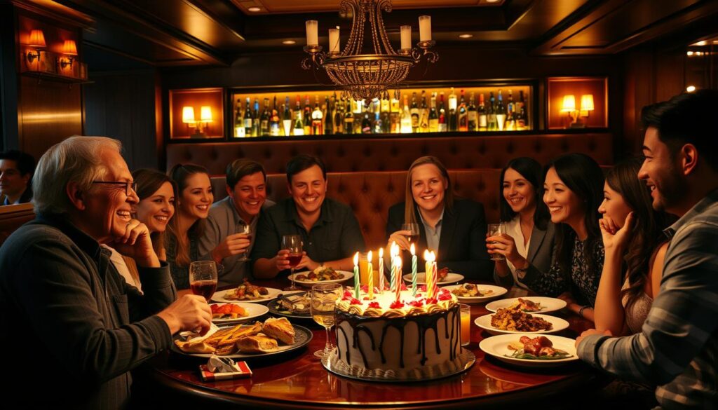 A group of friends and family gathered around a table, celebrating a birthday with a decadent spread of food and drinks. The scene is set in a cozy, dimly-lit restaurant, with warm lighting casting a soft glow over the table. In the foreground, a birthday cake adorned with candles takes center stage, surrounded by platters of appetizing dishes. The middle ground features the joyful faces of the celebrants, engaged in lively conversation and laughter. In the background, the restaurant's elegant decor, including plush upholstery and ornate chandeliers, creates a sophisticated atmosphere.