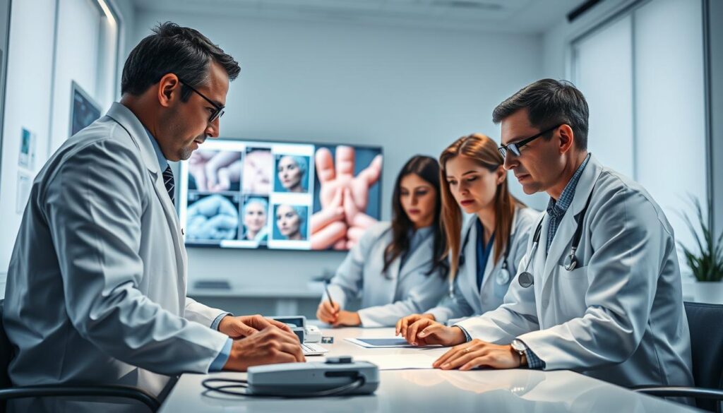 A group of skilled dermatologists engaged in a focused consultation, examining patient data and discussing treatment plans. The foreground depicts the team gathered around a table, their expressions intent and collaborative. Subtle lighting highlights their professional attire and the medical equipment on the table. In the middle ground, a large display shows detailed skin imagery, while the background is a clean, modern medical office setting with minimalist decor. The overall atmosphere conveys an air of expertise, care, and a commitment to personalized, evidence-based dermatological solutions.