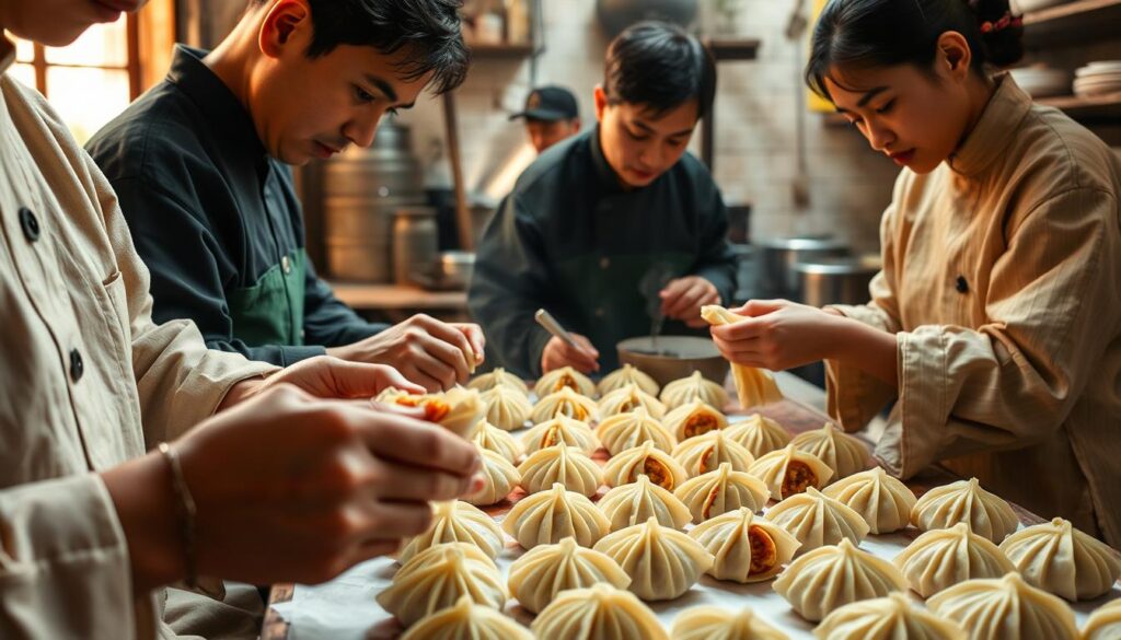 A group of skilled rice dumpling makers, dressed in traditional attire, intently crafting their specialty treats. In the foreground, nimble fingers delicately shape the dough, carefully wrapping it around a savory filling. The middle ground showcases the array of colorful rice dumplings, each one a unique work of edible art. In the background, a cozy kitchen setting with traditional utensils and steaming pots, conveying the time-honored tradition of this culinary craft. Warm, soft lighting illuminates the scene, casting a comforting glow and highlighting the dedication and artistry of these specialty rice dumpling makers.