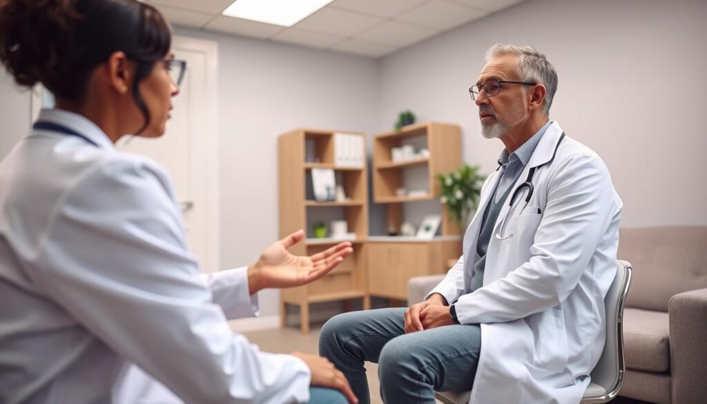 A healthcare practitioner, dressed in a white lab coat, intently examining a patient seated across from them in a well-lit, modern medical office. The patient, wearing casual attire, appears to be describing their persistent cough symptoms. Neutral-toned walls and furnishings create a calm, professional atmosphere, while strategic lighting and camera angles emphasize the focused consultation between the doctor and patient. The scene conveys a sense of trust, empathy, and the importance of seeking medical guidance for effective cough treatment. A healthcare practitioner, dressed in a white lab coat, intently examining a patient seated across from them in a well-lit, modern medical office. The patient, wearing casual attire, appears to be describing their persistent cough symptoms. Neutral-toned walls and furnishings create a calm, professional atmosphere, while strategic lighting and camera angles emphasize the focused consultation between the doctor and patient. The scene conveys a sense of trust, empathy, and the importance of seeking medical guidance for effective cough treatment.