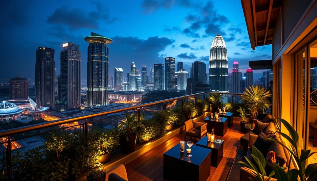 A hidden rooftop bar nestled amidst the towering skyscrapers of Singapore, offering a breathtaking panoramic view of the city skyline. Soft, warm lighting illuminates the intimate space, creating a cozy and inviting ambiance. Sleek, modern furniture and lush greenery adorn the terrace, blending seamlessly with the urban landscape. Guests sip on crafted cocktails, enjoying the tranquil respite from the bustling streets below. The scene is a harmonious balance of urban sophistication and natural elements, capturing the essence of Singapore's secret rooftop gems. A hidden rooftop bar nestled amidst the towering skyscrapers of Singapore, offering a breathtaking panoramic view of the city skyline. Soft, warm lighting illuminates the intimate space, creating a cozy and inviting ambiance. Sleek, modern furniture and lush greenery adorn the terrace, blending seamlessly with the urban landscape. Guests sip on crafted cocktails, enjoying the tranquil respite from the bustling streets below. The scene is a harmonious balance of urban sophistication and natural elements, capturing the essence of Singapore's secret rooftop gems.