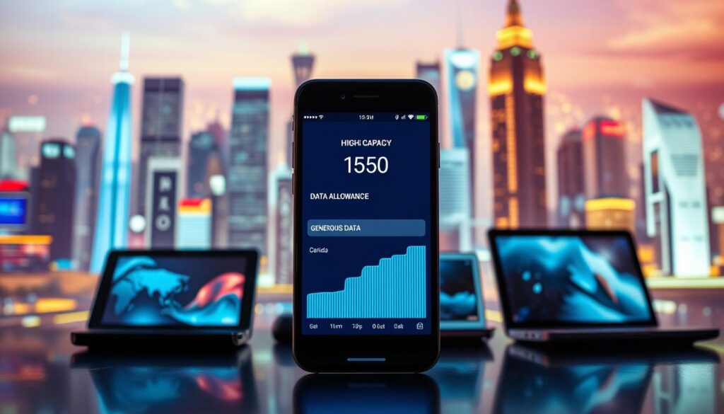 A high-capacity data plan against a vibrant, dynamic backdrop. In the foreground, a smartphone displaying a detailed data usage graph, showcasing the plan's generous data allowance. The middle ground features various digital devices like tablets and laptops, each connected and streaming content seamlessly. The background is a collage of futuristic cityscape, conveying the idea of a technologically advanced, always-connected world. The lighting is a combination of warm, ambient tones and cool, neon-like accents, creating a visually striking and futuristic atmosphere. The composition emphasizes the centrality of the data plan, highlighting its importance in enabling a seamless, high-capacity digital lifestyle. A high-capacity data plan against a vibrant, dynamic backdrop. In the foreground, a smartphone displaying a detailed data usage graph, showcasing the plan's generous data allowance. The middle ground features various digital devices like tablets and laptops, each connected and streaming content seamlessly. The background is a collage of futuristic cityscape, conveying the idea of a technologically advanced, always-connected world. The lighting is a combination of warm, ambient tones and cool, neon-like accents, creating a visually striking and futuristic atmosphere. The composition emphasizes the centrality of the data plan, highlighting its importance in enabling a seamless, high-capacity digital lifestyle.