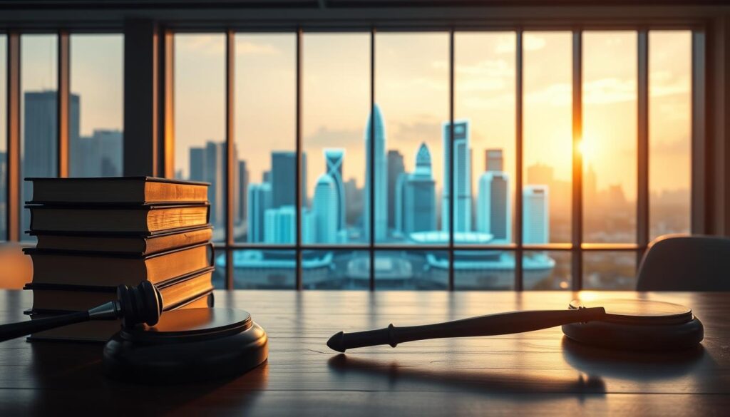 A high-contrast, cinematic image showcasing the diverse legal practice areas in Singapore. In the foreground, a stack of law books and a gavel sit on a polished wooden desk, casting long shadows. In the middle ground, a 3D wireframe model of the Singapore skyline glows with a cool, blue-tinted light, representing the different legal specialties. In the background, a panoramic view of the city's modern skyscrapers is visible through large windows, bathed in warm, golden-hour sunlight. The scene conveys a sense of professionalism, expertise, and the dynamic legal landscape of Singapore. A high-contrast, cinematic image showcasing the diverse legal practice areas in Singapore. In the foreground, a stack of law books and a gavel sit on a polished wooden desk, casting long shadows. In the middle ground, a 3D wireframe model of the Singapore skyline glows with a cool, blue-tinted light, representing the different legal specialties. In the background, a panoramic view of the city's modern skyscrapers is visible through large windows, bathed in warm, golden-hour sunlight. The scene conveys a sense of professionalism, expertise, and the dynamic legal landscape of Singapore.