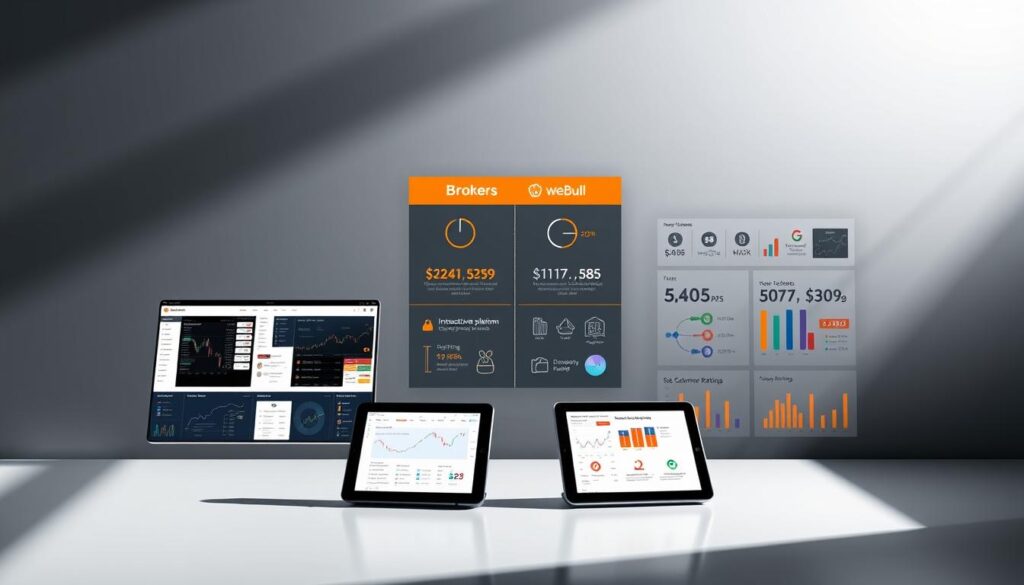 A high-contrast, dynamic comparison of two leading investment platforms, Interactive Brokers and WeBull, set against a sleek, minimalist backdrop. The foreground features detailed depictions of their user interfaces, trading tools, and mobile apps, showcasing their unique features and capabilities. The middle ground highlights key performance metrics, fees, and customer ratings in a clean, infographic-style layout. The background subtly blends financial data visualizations and stock market imagery, creating an atmosphere of informed decision-making. Dramatic lighting and a slightly elevated perspective lend an authoritative, professional tone to the overall scene.