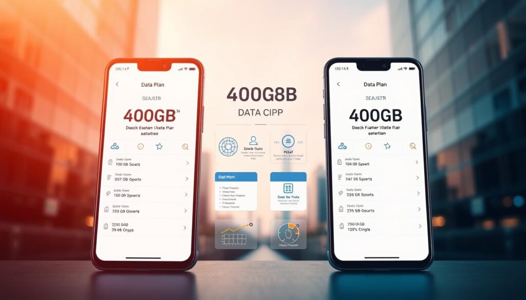 A high-contrast, dynamic comparison of two mobile data plans, showcasing their key features and capacities. In the foreground, two smartphone screens display detailed plan information, with a sleek, minimalist UI. The middle ground features a series of data visualization icons and infographics, highlighting the 400GB and 600GB plan specifics. The background is a softly blurred cityscape, conveying a sense of modern connectivity and high-tech urban living. Warm, directional lighting casts subtle shadows, adding depth and emphasizing the technical details. The overall mood is one of clarity, professionalism, and the power of data-driven decision making.