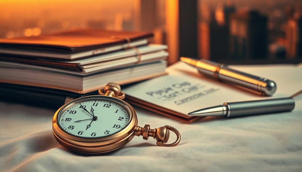 A high-contrast, sharply-focused photograph showcasing the quintessential characteristics of blue-chip stocks. In the foreground, a polished, gold-rimmed pocket watch rests on a crisp, white linen cloth, symbolizing the time-tested reliability and stability of these stocks. In the middle ground, a stack of gleaming, leather-bound ledgers and a shiny silver fountain pen evoke the meticulous financial records and prudent management that define blue-chip companies. The background features a subtle, muted cityscape bathed in warm, golden light, suggesting the enduring prosperity and steady growth associated with these market leaders. Captured with a shallow depth of field and dramatic chiaroscuro lighting, this image conveys the prestige, solidity, and long-term value that embody the essence of blue-chip stocks.