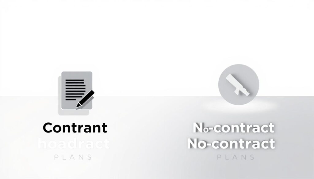 A high-contrast split-screen image depicting two distinct broadband plans - one with a contract, the other without. The contract plan occupies the left side, showcasing a solid, sturdy icon representing a binding agreement. The no-contract plan fills the right side, featuring a more fluid, open icon signifying flexibility. The background is a clean, minimalist design with subtle grid lines to emphasize the technical nature of the subject. Crisp, directional lighting casts shadows that reinforce the visual distinction between the two options. The overall mood is one of clarity and informed decision-making, guiding the viewer to compare the key differences between these broadband plan types.