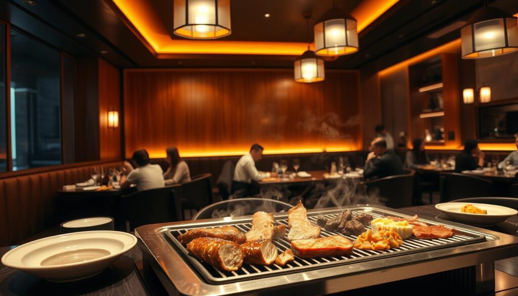 A high-end Korean BBQ restaurant, dimly lit with warm amber tones. The interior is elegant, with sleek wood paneling, custom-built steel grills, and contemporary light fixtures casting a sophisticated glow. In the foreground, a beautifully presented selection of premium meats sizzles on the tabletop grill, the aroma of smoke and spices filling the air. Diners sit comfortably around the table, engaged in lively conversation, enjoying the upscale dining experience. The background showcases a modern, minimalist design with subtle traditional Korean accents, creating a harmonious blend of old and new. The scene exudes an atmosphere of refined taste and culinary excellence.