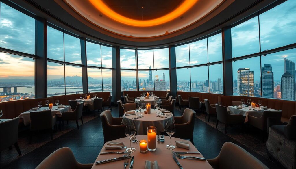 A high-end Singapore restaurant with breathtaking panoramic views of the city skyline and Marina Bay. The elegant dining room features sleek modern decor, plush seating, and soft ambient lighting creating a refined and intimate ambience. Large floor-to-ceiling windows wrap around the space, framing the stunning urban landscape outside. In the foreground, crisp white tablecloths and fine china set the tables, complemented by the warm glow of candles. The overall atmosphere evokes a sense of tranquility and exclusivity, perfectly suited for a special birthday celebration.