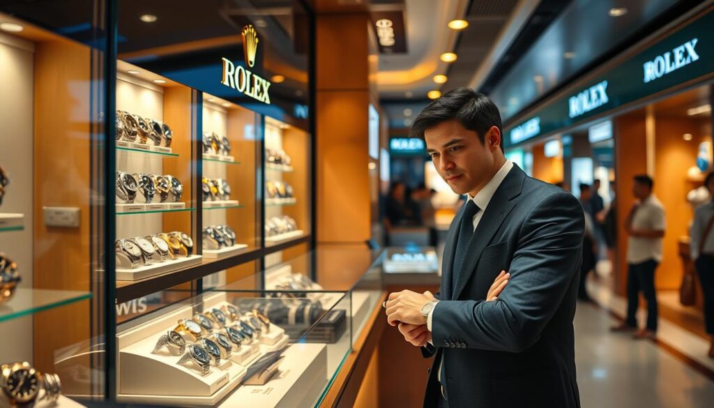 A high-end Swiss watch boutique in a bustling Singapore shopping district. The display cases are illuminated, showcasing an array of elegant Rolex timepieces. The lighting is warm and inviting, creating a luxurious atmosphere. A stylish salesperson stands nearby, ready to assist customers in understanding the pricing and features of each model. The background is blurred, focusing the viewer's attention on the intricate details of the watches. The scene conveys a sense of exclusivity and sophistication, reflecting the prestigious Rolex brand and the Singaporean market's appreciation for fine craftsmanship.