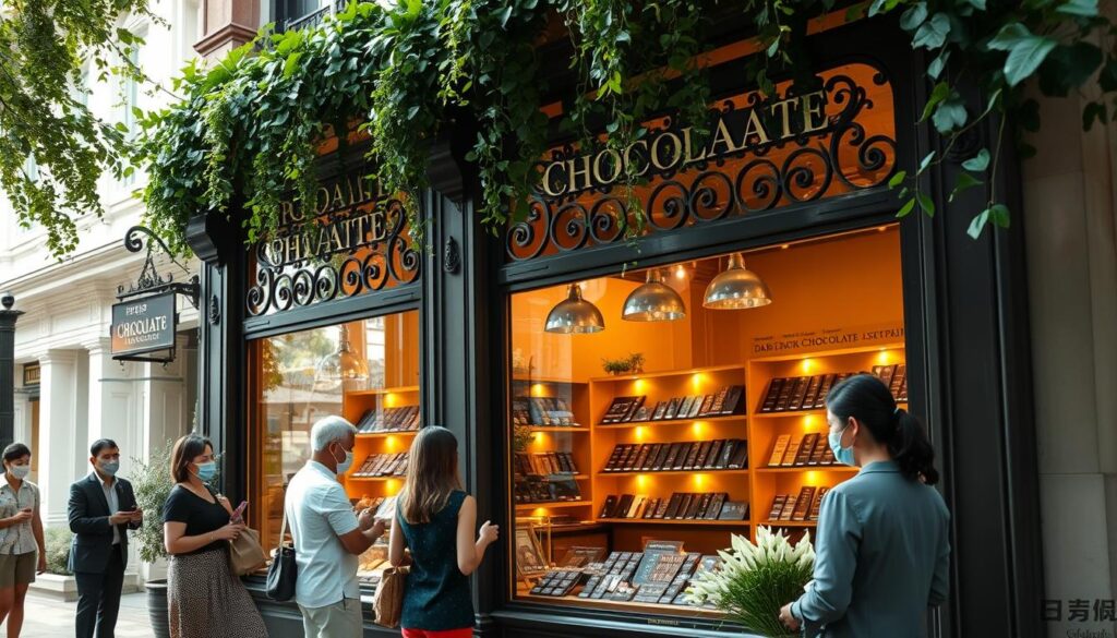 A high-end chocolaterie set in a sun-dappled Singapore street, featuring a charming storefront adorned with intricate wrought-iron details and lush greenery. Through the large display windows, glimpses of artfully arranged premium dark chocolate bars in sleek packaging beckon passersby. Warm, golden lighting emanates from within, creating a cozy, inviting atmosphere. A mix of locals and well-heeled shoppers peruse the carefully curated selection, their expressions reflecting the delight of discovering exceptional confections. The scene conveys a sense of luxury, exclusivity, and a celebration of the art of fine chocolate-making.