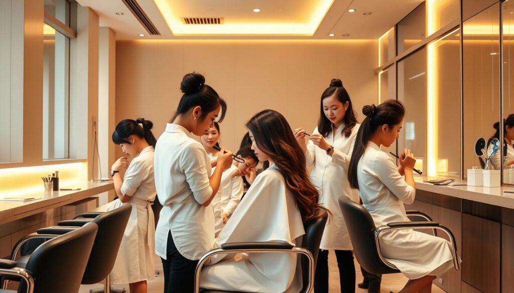 A high-end hair salon in Singapore, its award-winning stylists gathered together, expertly coiffing the hair of their fashionable clients. Warm, soft lighting illuminates the scene, casting a gentle glow on the stylists' focused expressions as they snip and style with precise, practiced movements. In the background, a minimalist, chic decor with clean lines and muted tones sets the tone for this oasis of hair artistry. Sleek, modern chrome fixtures and a glossy tile floor complement the elegant, sophisticated ambiance. The stylists, clad in crisp white uniforms, exhibit an air of quiet confidence and professionalism, their skills honed through years of dedication to their craft.