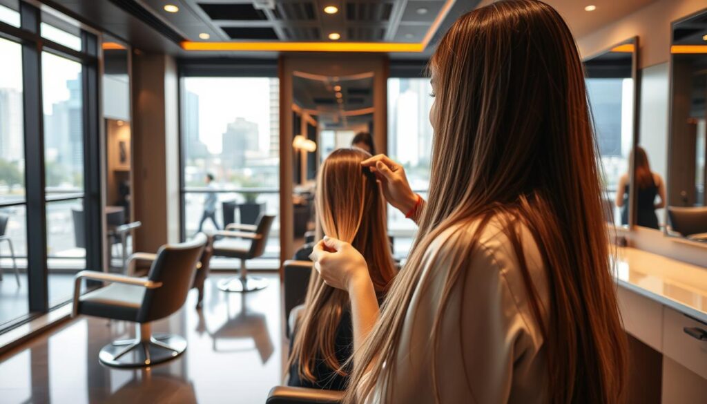 A high-end hair salon in Singapore, its sleek and modern interior bathed in warm lighting. In the foreground, a stylist expertly applying a keratin treatment to a client's hair, their locks shimmering with a healthy shine. The middle ground features stylish salon chairs and mirrors, creating an atmosphere of tranquility and pampering. The background showcases large windows overlooking the bustling city streets, adding a sense of urban sophistication. The overall scene conveys a premium, luxurious experience for those seeking the best keratin hair treatment in Singapore.