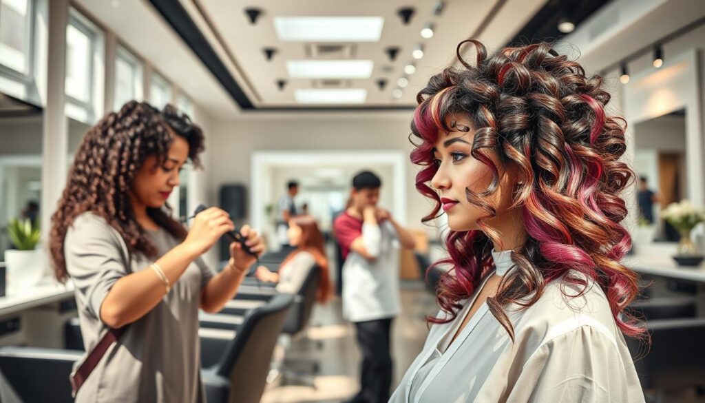 A high-end hair salon in Singapore, sunlit and modern, features a team of expert stylists showcasing their specialty skills. In the foreground, a stylist performs a precision perm on a client, meticulously wrapping locks around rods. In the middle ground, another stylist applies vibrant, salon-quality hair color, carefully blending tones. The background reveals a serene, minimalist space with sleek styling stations and elegant decor, conveying a sense of professionalism and expertise. Soft, directional lighting illuminates the scene, capturing the care and artistry of these specialist hair maestros.