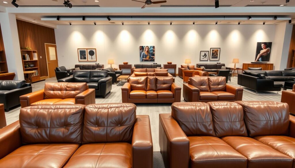 A high-end leather sofa showroom with premium seating brands displayed in a well-lit, modern interior. The foreground features a selection of luxurious leather sofas in rich, warm tones, expertly crafted with attention to detail. The middle ground showcases additional seating options, such as armchairs and loveseats, arranged in an inviting layout. The background depicts a minimalist, sleek backdrop with subtle, indirect lighting that creates a sophisticated ambiance. The overall scene conveys a sense of quality, exclusivity, and the pinnacle of modern furniture design.