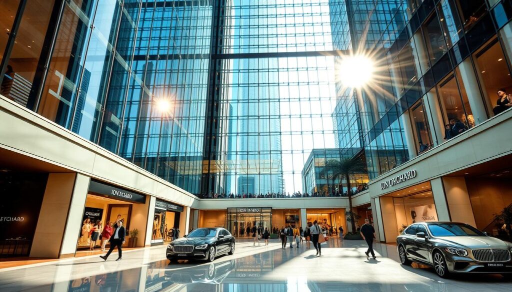 A high-end luxury shopping mall nestled in the heart of Singapore, ION Orchard exudes an air of sophistication and elegance. The towering glass facade reflects the surrounding skyscrapers, creating a mesmerizing play of light and shadow. Stepping inside, the expansive atrium is adorned with sleek, modern decor, guiding visitors towards a curated selection of prestigious international fashion brands. Sunlight streams in through the large windows, casting a warm glow over the polished marble floors and gleaming designer storefronts. Shoppers stroll leisurely, admiring the latest collections displayed in the store windows, while the occasional luxury vehicle pulls up to the entrance, underscoring the high-end ambiance. The overall scene evokes a sense of exclusivity and refined urban opulence, perfectly encapsulating ION Orchard's status as a premier luxury shopping destination.