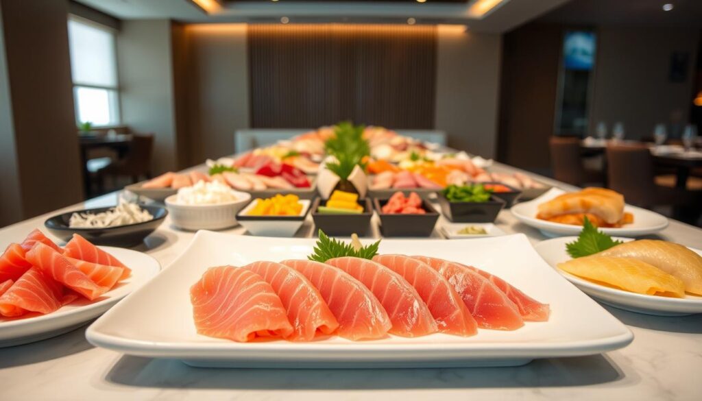 A high-end sashimi buffet spread across a sleek, modern table in an upscale Singapore restaurant. In the foreground, delicate slices of the freshest tuna, salmon, and yellowtail sashimi artfully arranged on a white ceramic platter, glistening under soft, warm lighting. The middle ground features an array of vibrant, colorful accompaniments - shredded daikon, pickled ginger, and fragrant wasabi. In the background, a minimalist, elegant interior with clean lines and muted tones creates a sophisticated ambiance, inviting diners to savor the exceptional quality and value of this premium sashimi experience. A high-end sashimi buffet spread across a sleek, modern table in an upscale Singapore restaurant. In the foreground, delicate slices of the freshest tuna, salmon, and yellowtail sashimi artfully arranged on a white ceramic platter, glistening under soft, warm lighting. The middle ground features an array of vibrant, colorful accompaniments - shredded daikon, pickled ginger, and fragrant wasabi. In the background, a minimalist, elegant interior with clean lines and muted tones creates a sophisticated ambiance, inviting diners to savor the exceptional quality and value of this premium sashimi experience.
