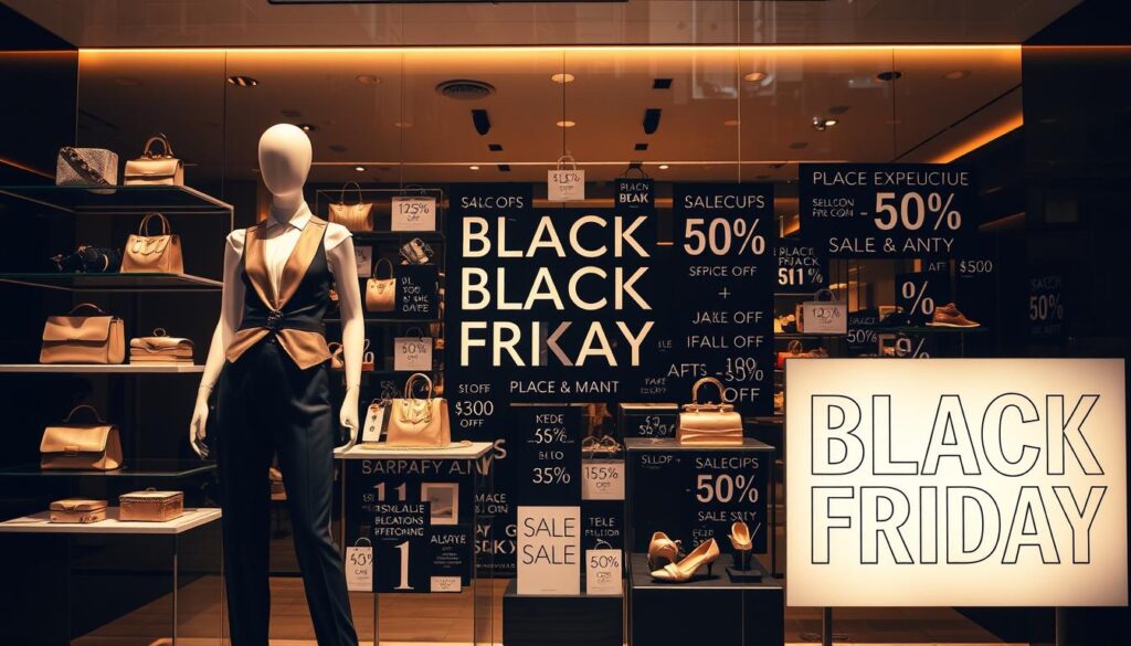 A high-fashion retail store window display during a Black Friday sale. The foreground features a mannequin wearing a sleek, monochrome designer outfit accented with gold details. Surrounding the mannequin are various luxury accessories like handbags, jewelry, and shoes displayed on minimalist shelves. The middle ground shows an abundance of sale tags, price discounts, and promotional signs in a stylish, typographic layout. The background has a moody, low-key lighting with warm hues, creating a sophisticated, high-end ambiance. The overall scene conveys a sense of exclusivity, elegance, and the thrill of scoring an incredible deal on premium fashion.