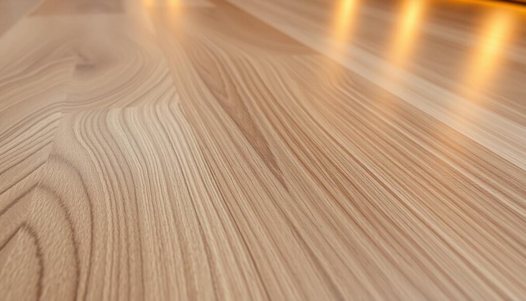 A high-quality close-up photograph of VFS direct supplier vinyl flooring, showcasing its intricate textural details and realistic wood grain patterns. The flooring is illuminated by warm, diffused lighting that casts subtle shadows, emphasizing the depth and dimensionality of the material. The image is captured at a slight angle, allowing the viewer to appreciate the smooth, seamless surface and the luxurious sheen of the vinyl. The background is blurred, placing the focus entirely on the flooring and its exceptional craftsmanship, reflecting the quality and value proposition of VFS Pte Ltd's products.