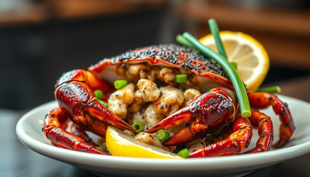 A high-quality, close-up photograph of a plate of Long Beach Seafood's signature black pepper crab dish. The crab is freshly steamed, its shell glistening with a rich, glossy black pepper sauce. Juicy crab meat spills out of the shell, inviting the viewer to dig in. The plate is garnished with vibrant green onions and a lemon wedge, adding a pop of color and acidity to complement the savory flavors. The lighting is warm and natural, creating depth and highlighting the crab's intricate details. The composition is centered and balanced, placing the crab as the focal point against a subtly blurred background, emphasizing its status as the star of the dish. An overall atmosphere of authenticity and mouthwatering temptation.