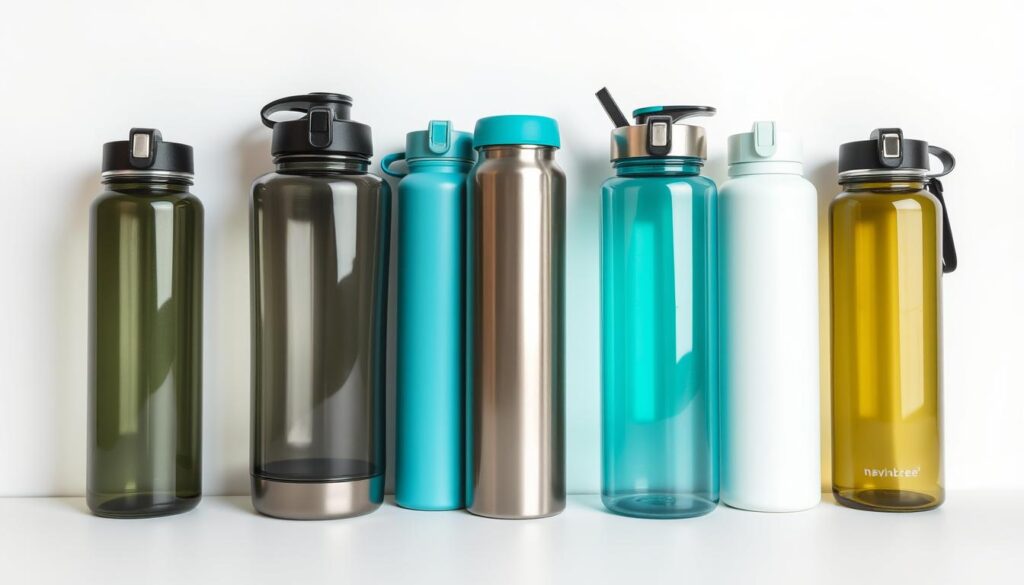 A high-quality comparison of distinct hydration containers, showcased in a sleek, minimalist arrangement on a plain white background. The containers are positioned at various angles, allowing for a comprehensive side-by-side examination of their key features, such as capacity, material, lid design, and ergonomic grip. Soft, directional lighting creates subtle shadows and highlights the containers' textures and finishes, emphasizing their quality and durability. The overall composition is clean, balanced, and visually engaging, inviting the viewer to closely inspect and compare the different water bottle options.