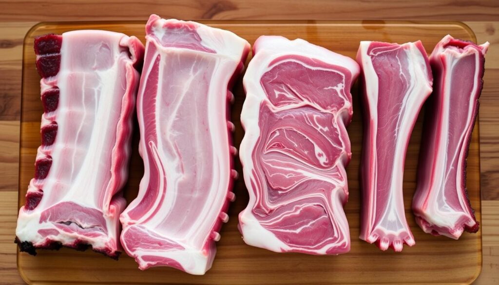A high-quality, detailed close-up image of various pork rib cuts arranged side-by-side on a wooden cutting board. The cuts include baby back ribs, spare ribs, St. Louis-style ribs, and short ribs, each showcasing their distinct shapes, textures, and marbling. Soft, even lighting illuminates the tender meat and highlights the intricate bone structure. The image is captured from a slight top-down angle, creating a sense of depth and emphasizing the comparison between the different rib varieties. The overall scene conveys an informative, educational tone suitable for illustrating the "More Than Just Ribs: Understanding the Cuts" section of the article.