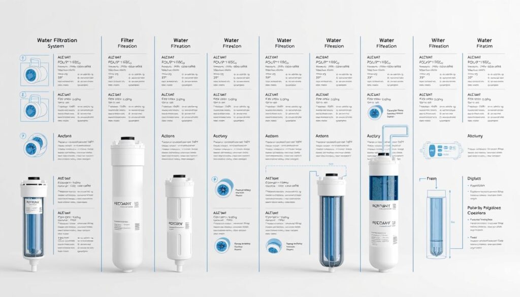 A high-quality, detailed comparison of different water filtration systems, captured in a clean, informative style. The image shows various filter types arranged in a grid, each represented by a detailed 3D render with technical specifications, flow diagrams, and cutaway views to illustrate their inner workings. Neutral lighting emphasizes the technical nature, while a soft, muted color palette creates a professional, educational tone. The overall composition is balanced and symmetrical, allowing the viewer to easily compare the filtration technologies side-by-side.