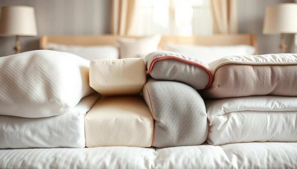 A high-quality, detailed image comparison of various mattress topper materials - memory foam, latex, down, and microfiber. The scene is set in a cozy, well-lit bedroom with soft, diffused lighting highlighting the tactile textures and materials. The toppers are arranged neatly side-by-side, allowing the viewer to closely examine and compare the unique properties of each type. The composition emphasizes the visual contrast and distinguishing features, such as the contouring of memory foam, the springiness of latex, the plushness of down, and the smoothness of microfiber. The overall mood is informative yet inviting, encouraging the viewer to thoughtfully consider the best mattress topper for their individual sleep needs and preferences.