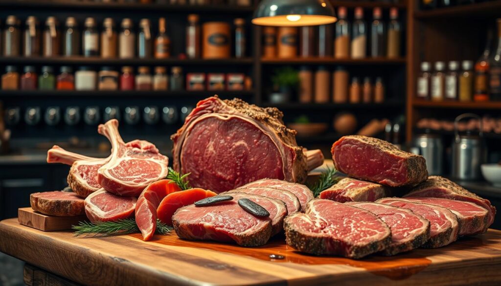 A high-quality display of premium meat cuts, artfully arranged on a rustic wooden surface. The centerpiece is a succulent prime rib roast, complemented by tender lamb chops, juicy pork tenderloin, and marbled beef steaks. The lighting casts a warm, inviting glow, accentuating the rich colors and textures of the meats. In the background, a blurred backdrop of a traditional butcher's shop, with shelves of carefully curated spices and seasonings. The composition exudes an atmosphere of craftsmanship, quality, and the pride of the butcher's trade.