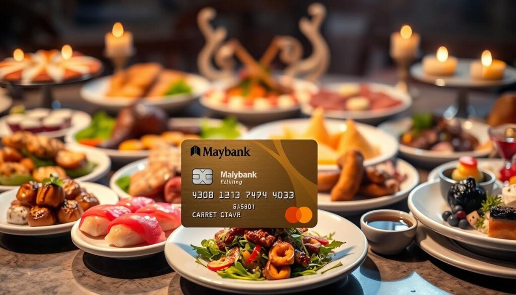 A high-quality, elegantly designed Maybank credit card with a stunning, mouthwatering array of gourmet dishes in the background. Soft, warm lighting illuminates the scene, creating an inviting and luxurious atmosphere. The credit card is prominently displayed, showcasing the Maybank logo and branding, while the dishes in the background feature a variety of delectable, visually appealing buffet items such as sushi, roasted meats, colorful salads, and decadent desserts. The composition is balanced and visually striking, highlighting the credit card's dining privileges and the tempting culinary offerings available to the cardholder.