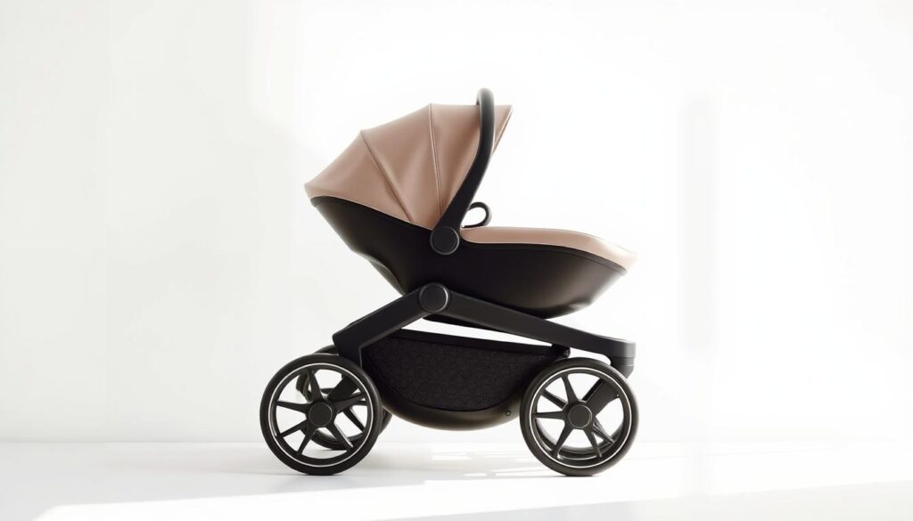 A high-quality, futuristic-looking Doona+ infant car seat stroller hybrid, photographed against a bright, minimalist background. The car seat is prominently displayed in the center, with sleek, modern lines and a smooth, glossy surface in a neutral color. The stroller wheels are large and sturdy, seamlessly integrated into the design. Soft, natural lighting illuminates the scene, creating a clean, inviting atmosphere. The image captures the versatility and convenience of this innovative child transport solution, highlighting its key features and premium aesthetic.